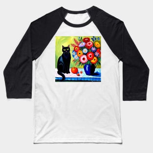 Black Cat and Floral Vase Modern Still Life Painting Baseball T-Shirt